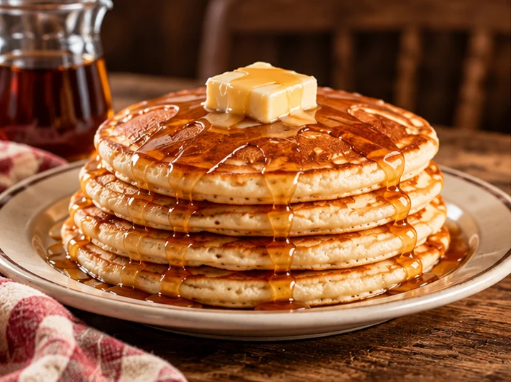 Pancakes buttermilk dorados con mantequilla y maple syrup