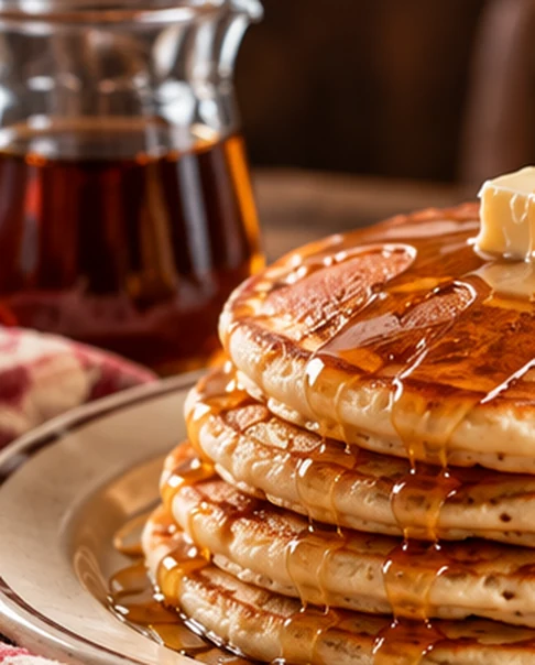 Maple syrup brillando sobre pancakes